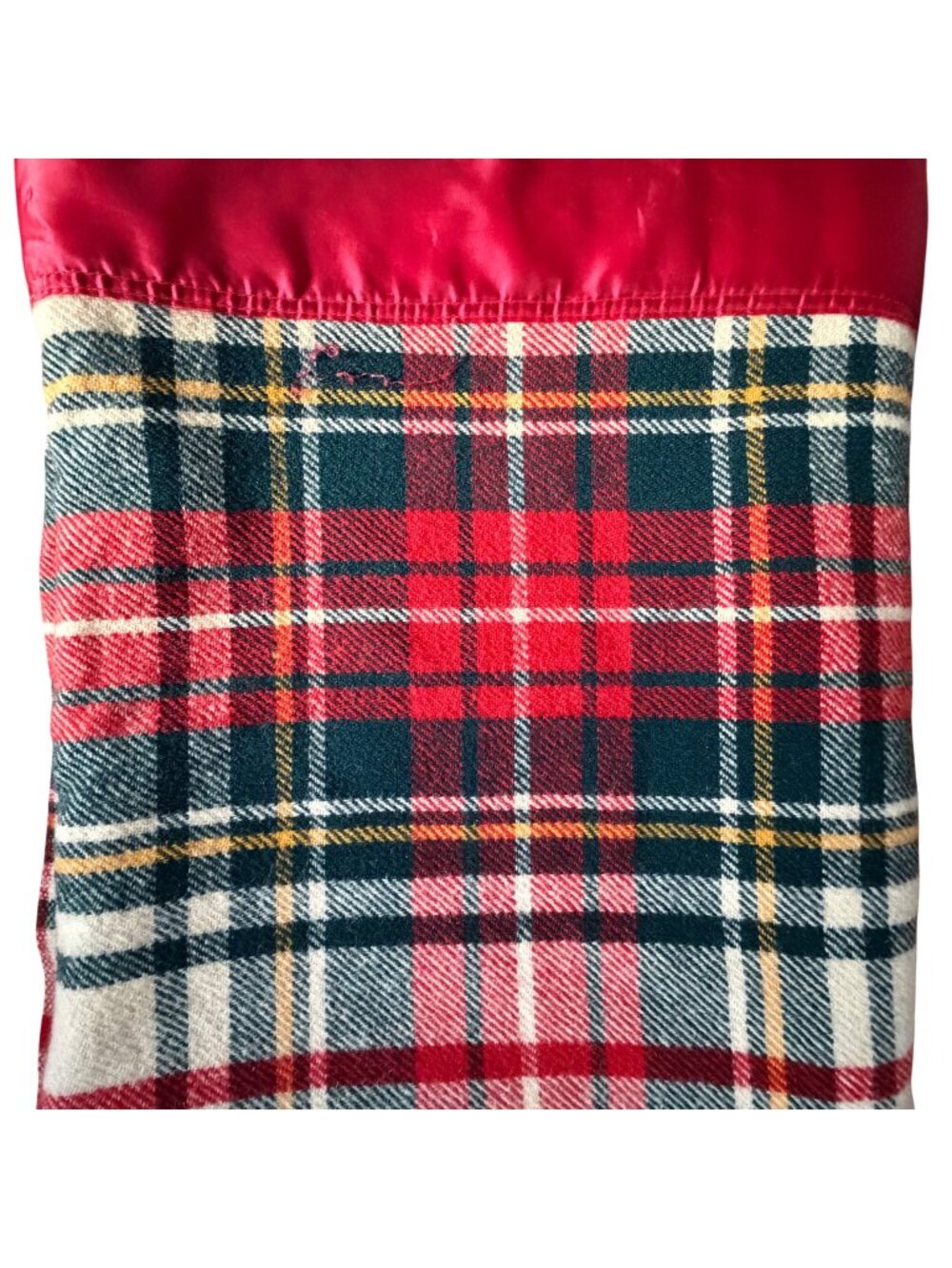 Vintage Pearce Plaid Wool Blanket Red Satin Trim 75" X 88" Farmhouse Cottage